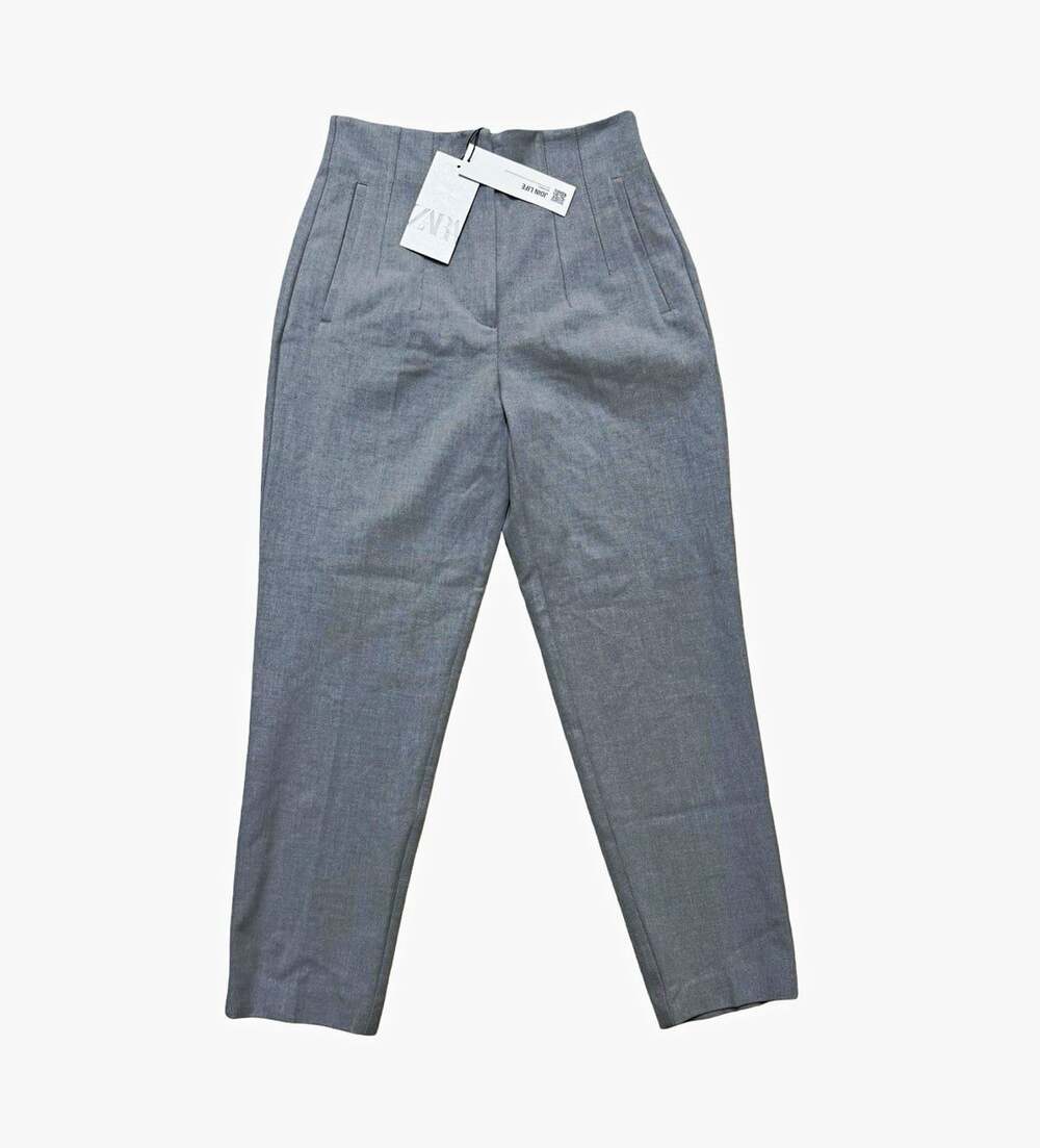Zara Women's Gray Pleated High Rise Tapered Twill Dress Pants Pockets Size S